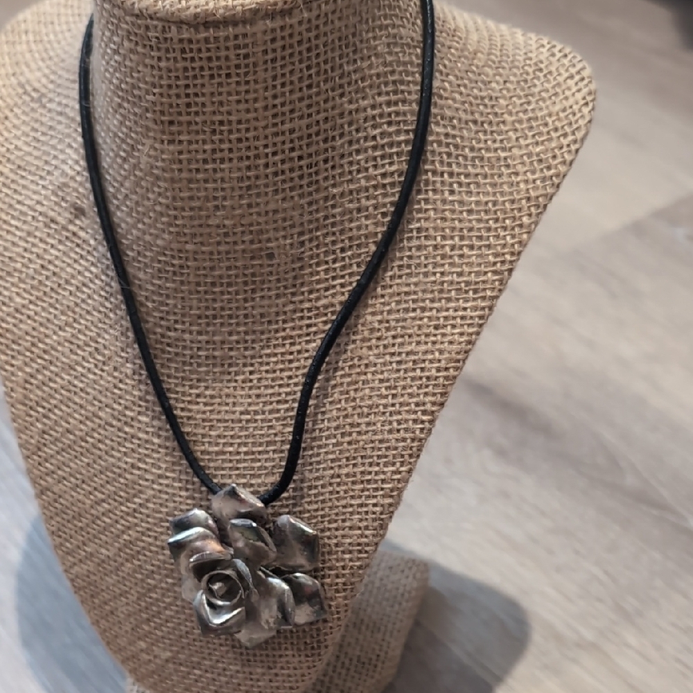 Silver Rose Pendant Necklace Black Cord - Picture 3 of 8